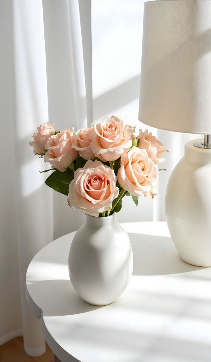 peach roses white vase